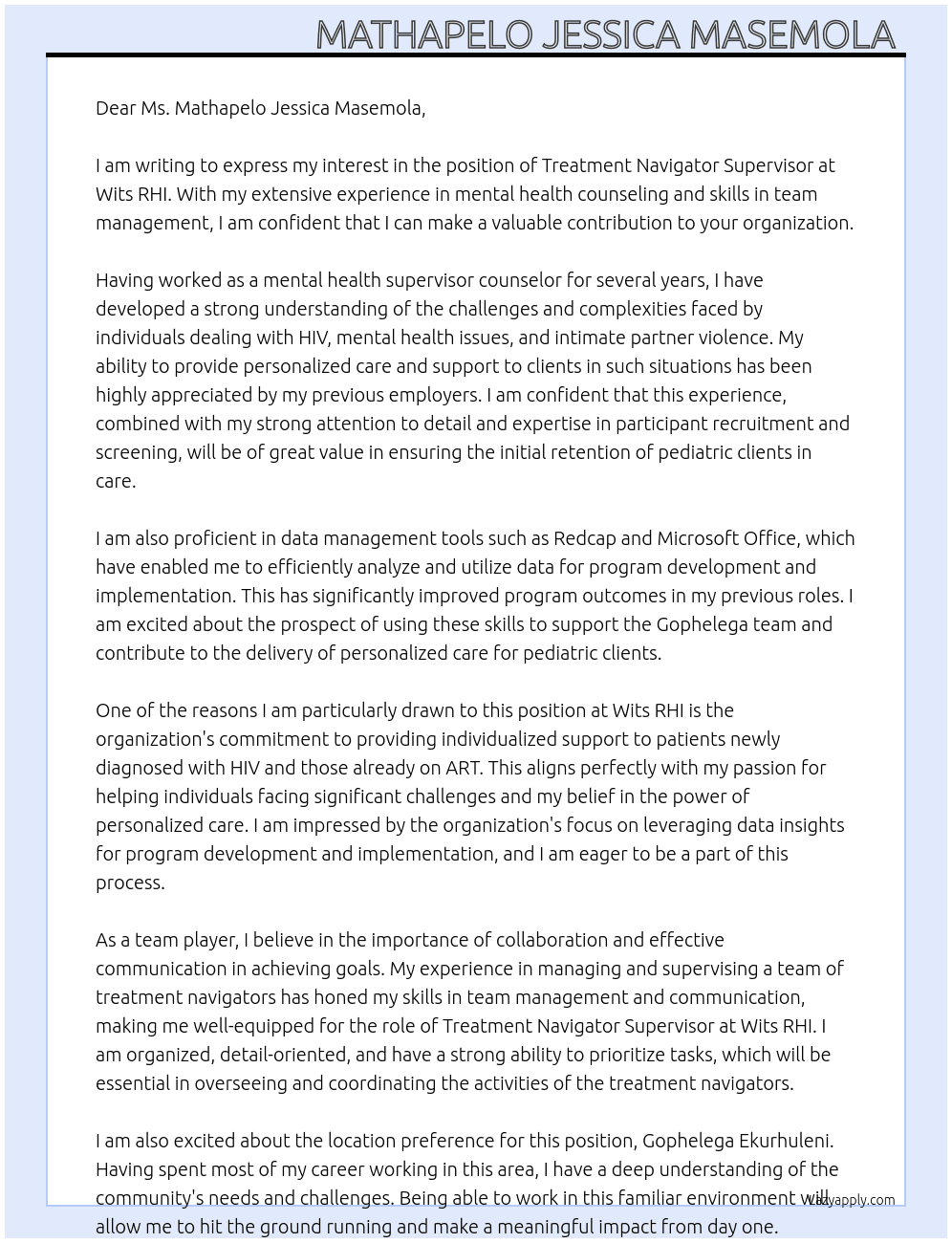 Treatment Navigator Supervisor  At Wits RHI  Cover Letter