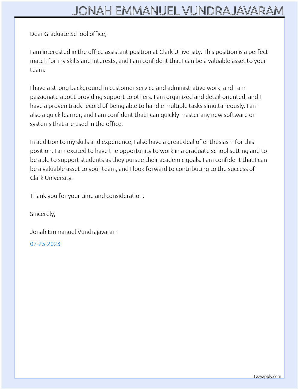 office assistant  At Clark University Cover Letter