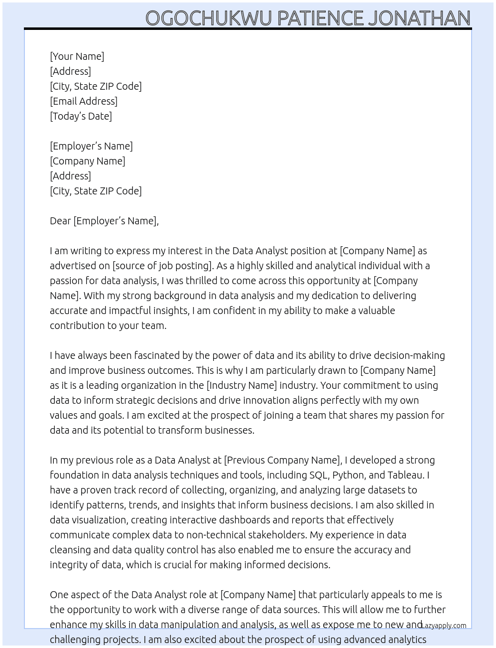 Data Analyst  At Govt Cover Letter