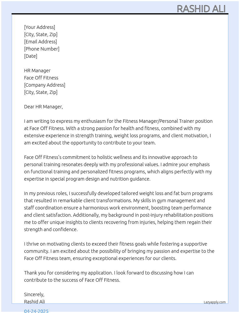 Cover letter for fitness manager /personal trainer - LazyApply