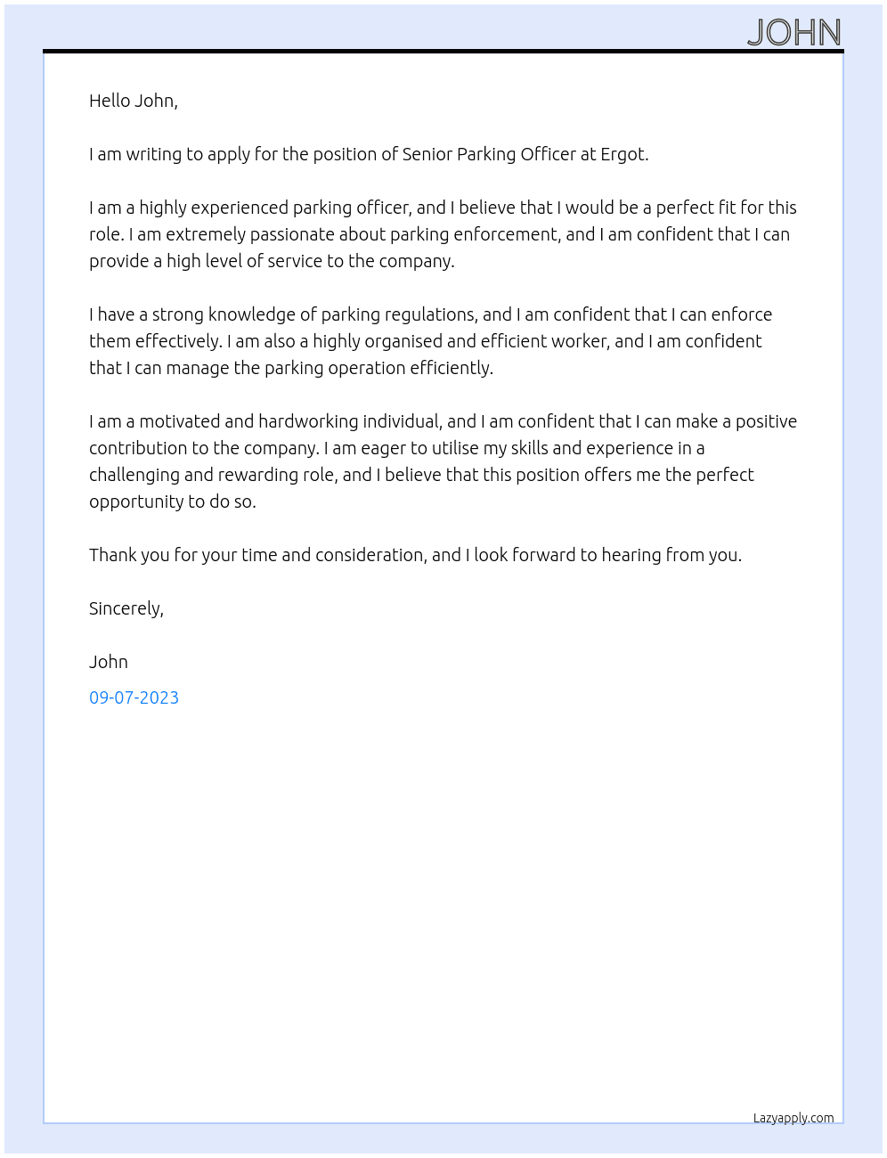 senior parking officer At ergot Cover Letter