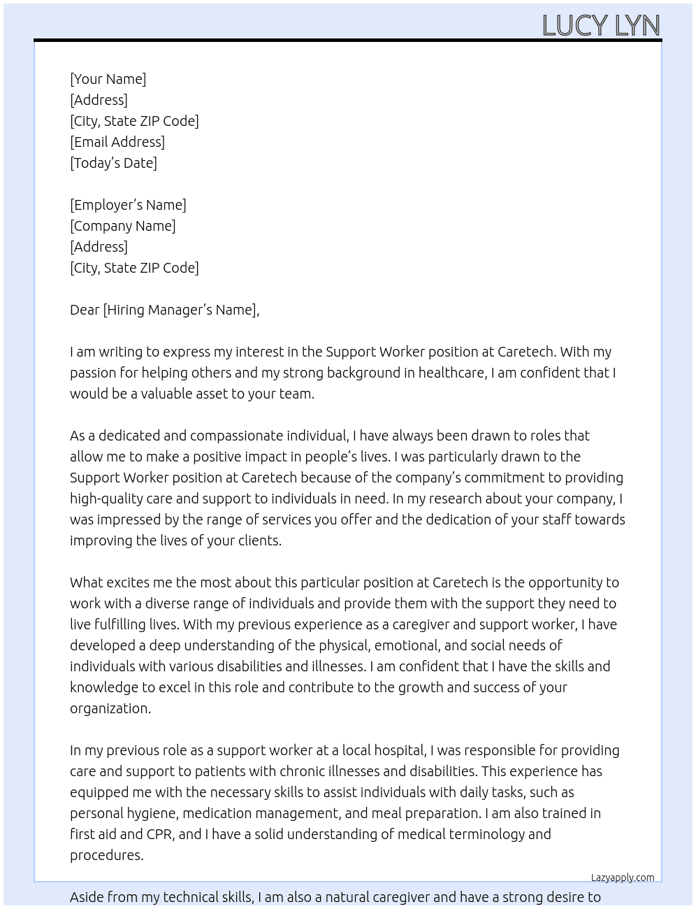 Support worker  At Caretech Cover Letter