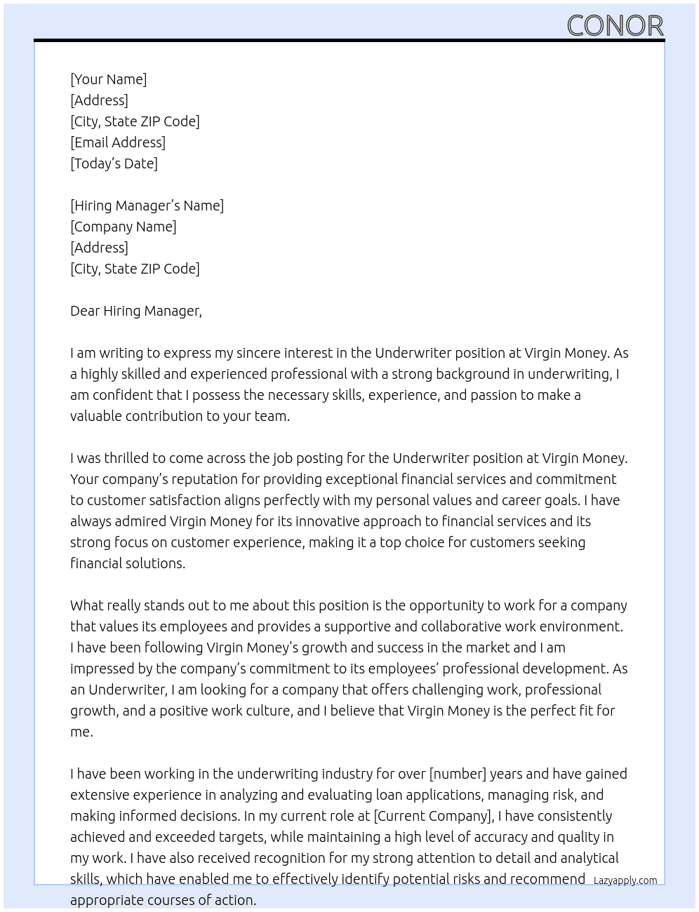 Underwriter At Virgin Money Cover Letter