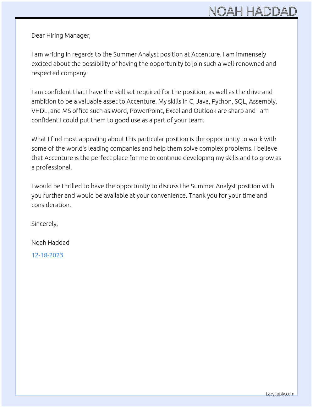 Summer Analyst At Accenture Cover Letter