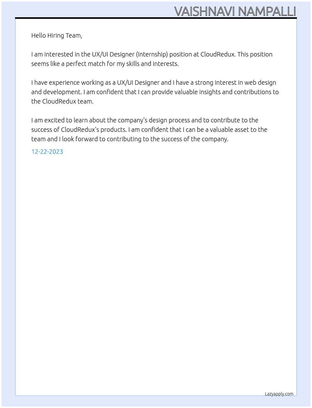 UX/UI Designer (Internship) At CloudRedux Cover Letter