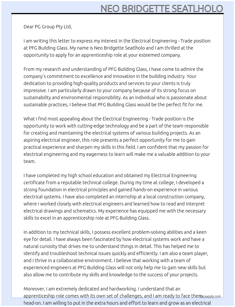 Electrical Engineering - Trade At PFG BUILDING GLASS Cover Letter