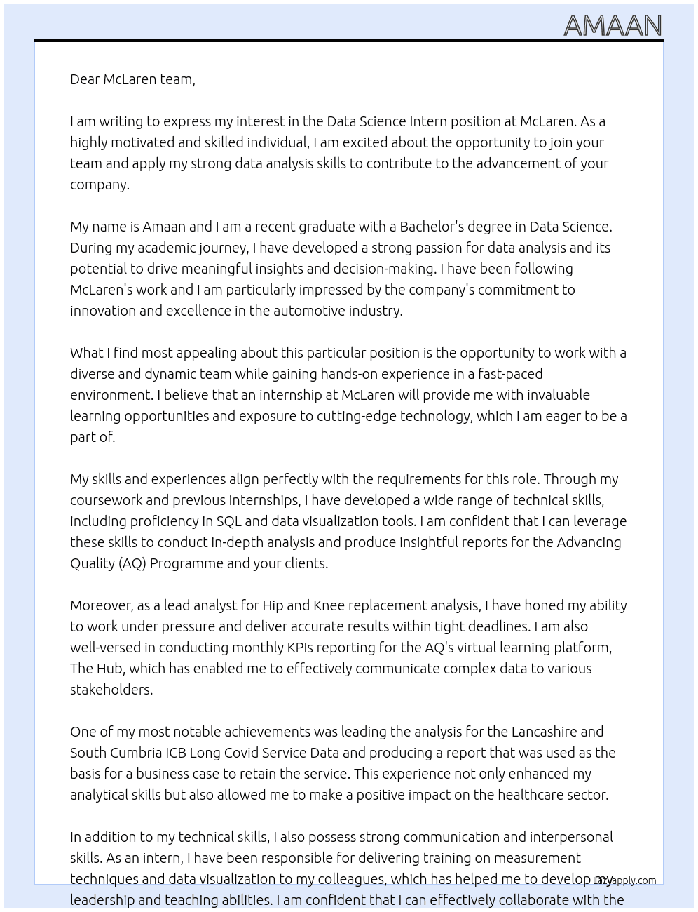 Data science intern  At McLaren  Cover Letter