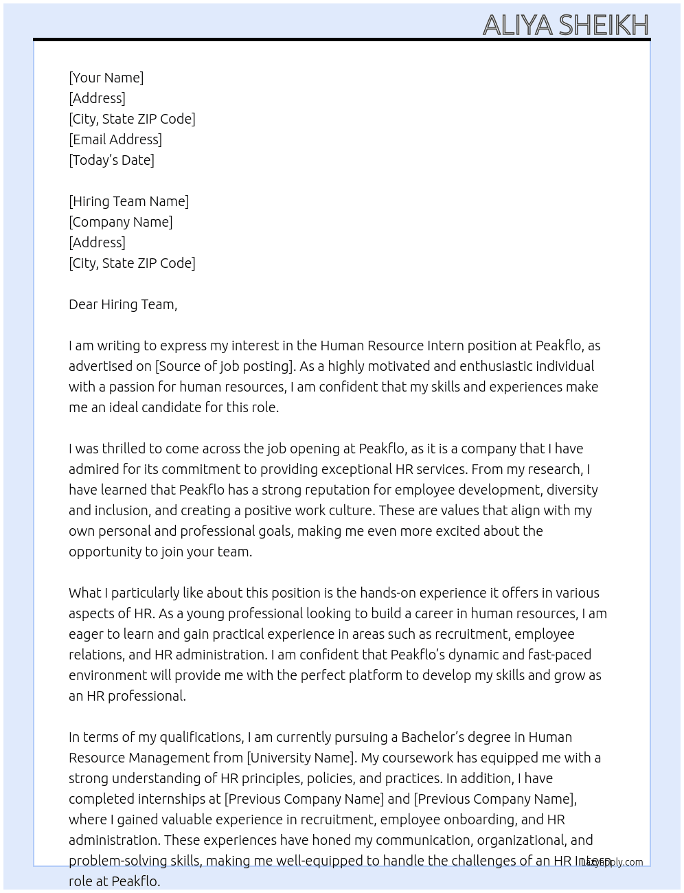 Human Resource Intern At Peakflo Cover Letter