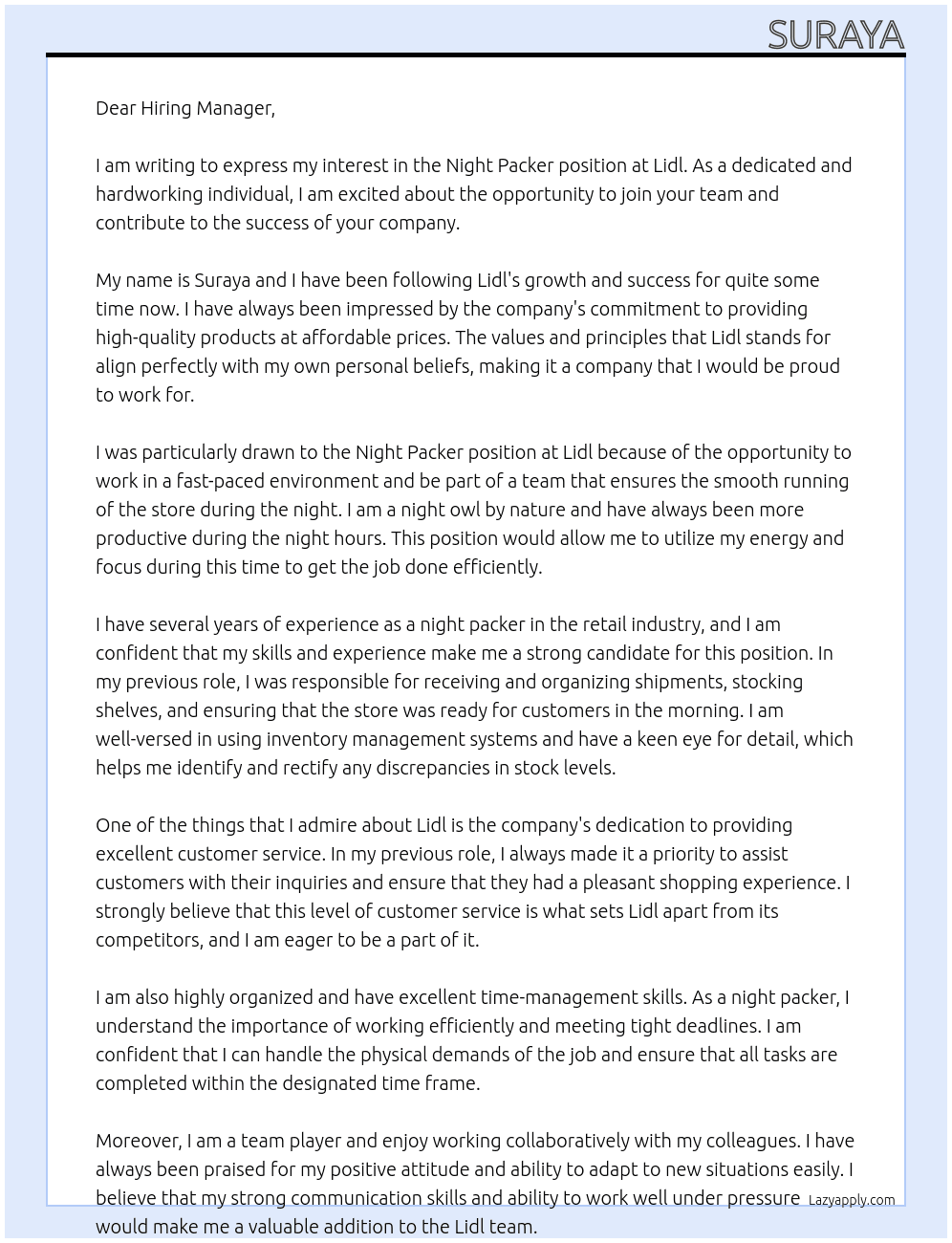 night packer At lidl Cover Letter