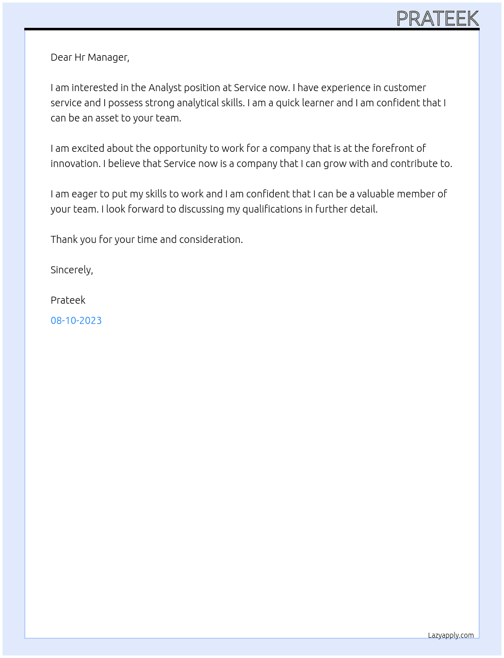 Analyst  At Service now Cover Letter