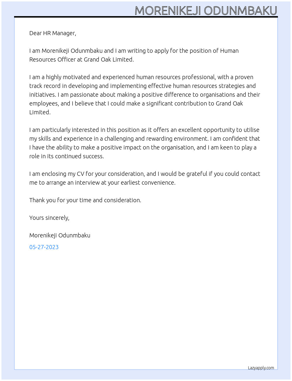Human Resources Officer At Grand Oak Limited Cover Letter