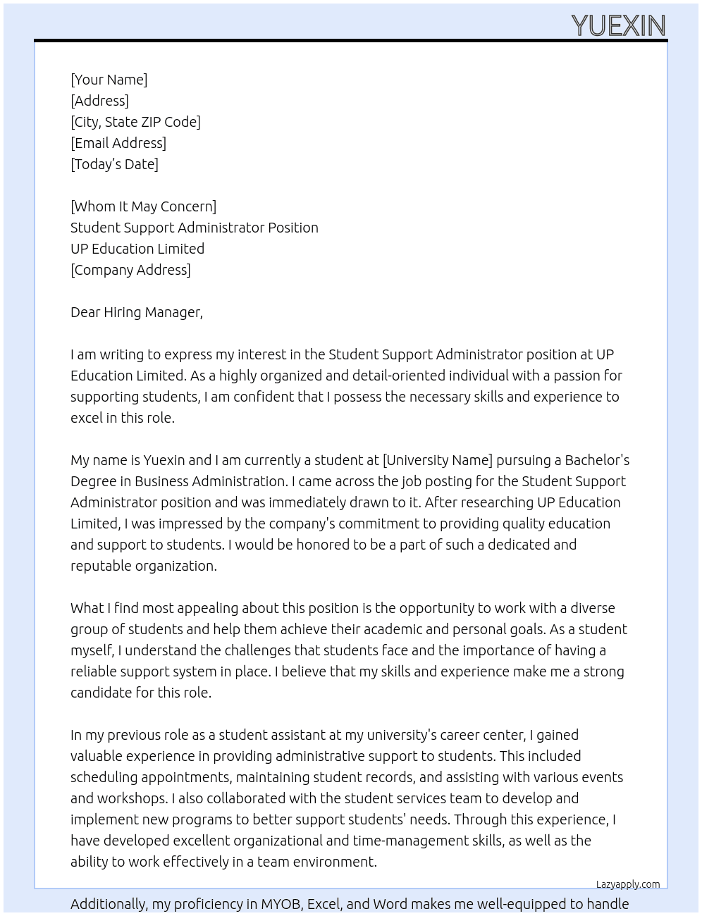 Student support administrator At UP Education Limited Cover Letter