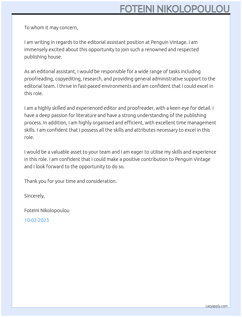 editorial assistant At penguin vintage Cover Letter