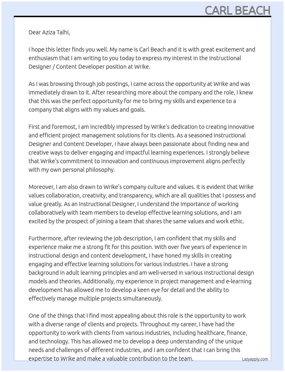 Instructional Designer / Content Developer  At Wrike Cover Letter