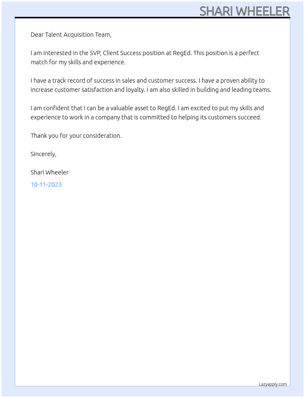 SVP, Client Success At RegEd Cover Letter