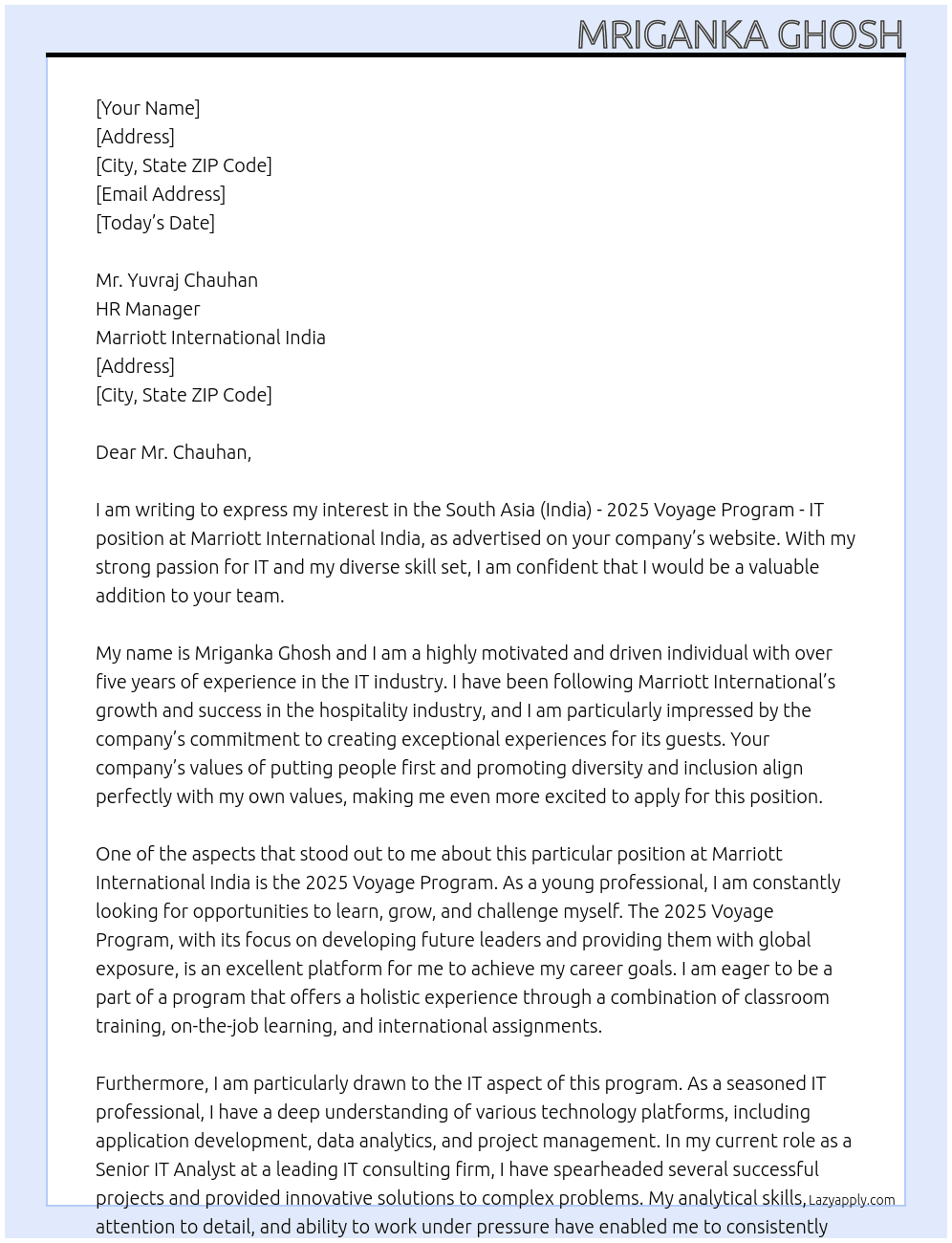 South Asia (India) - 2025 Voyage Program - IT At Marriott International India Cover Letter