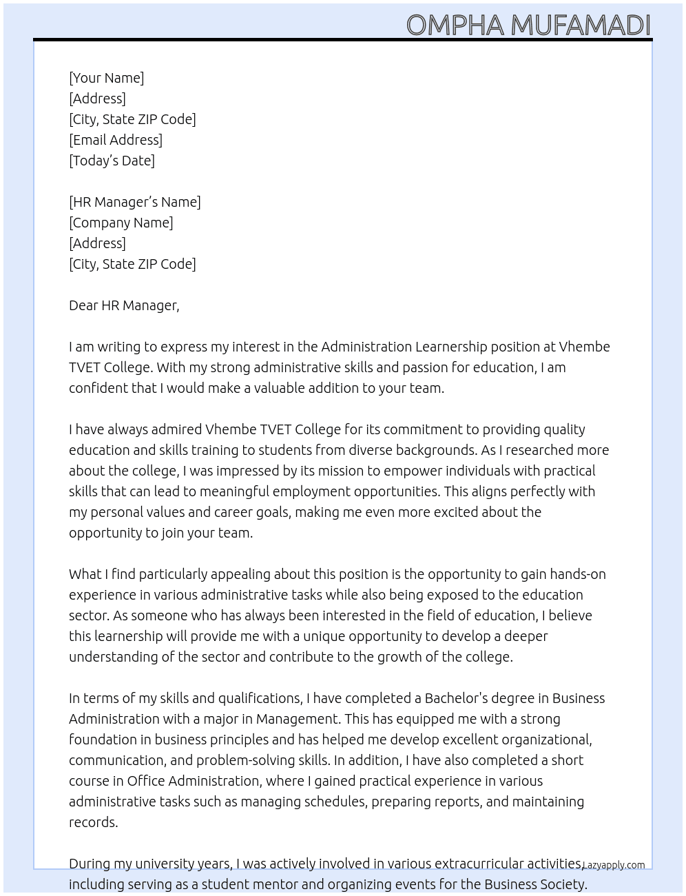 Vhembe tvet college  Administration learnsrship At Vhembe tvet college  Cover Letter