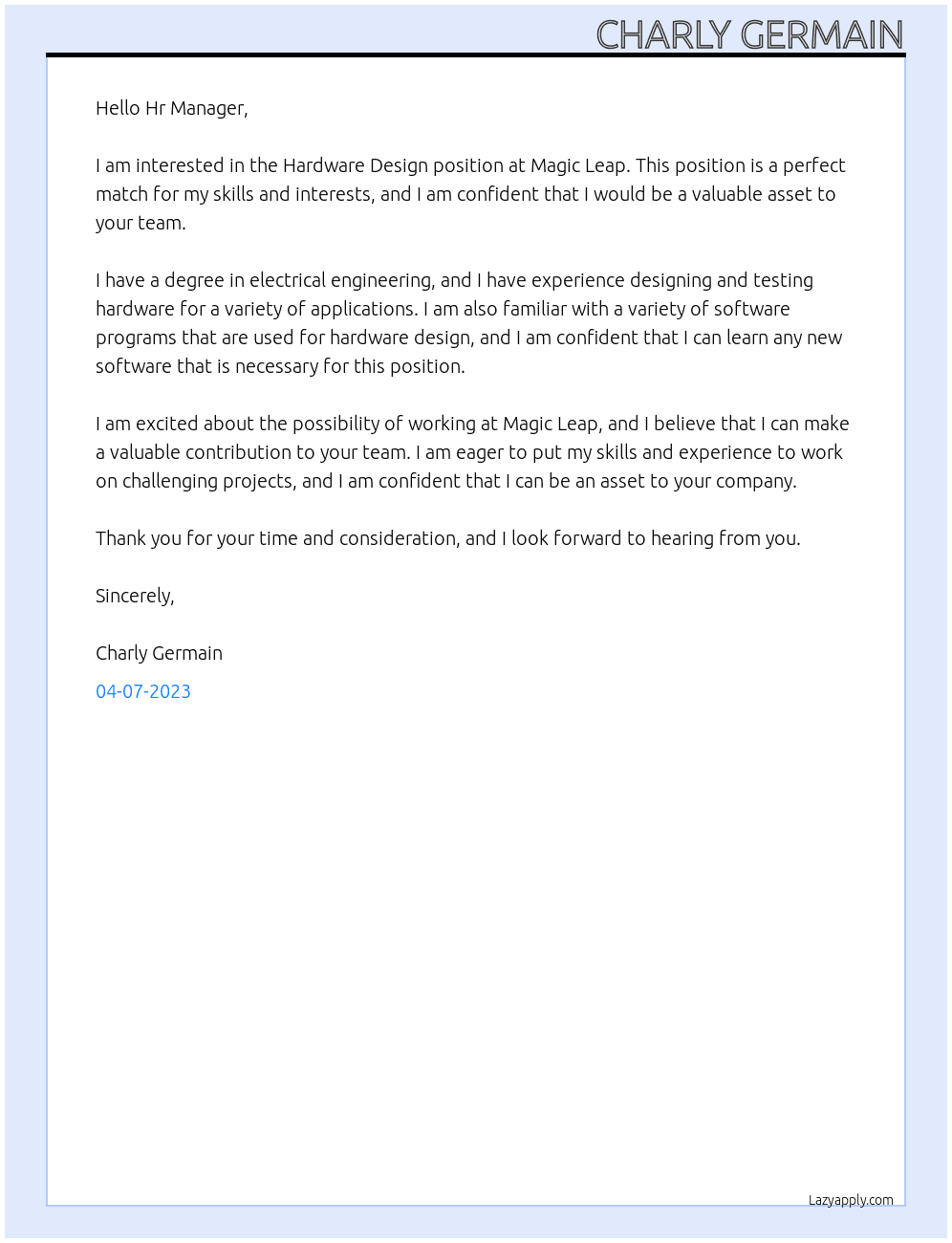 Hardware Design At Magic Leap Cover Letter