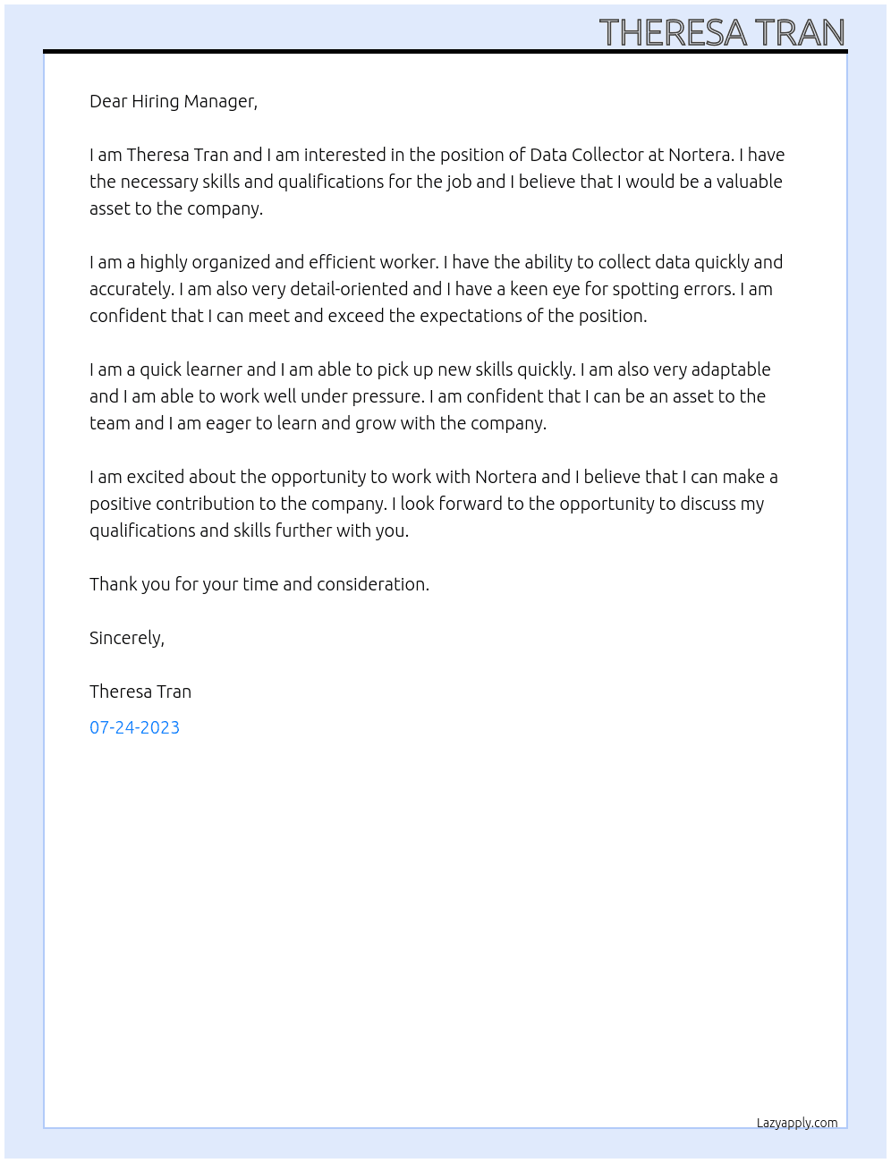 Data Collector At Nortera Cover Letter
