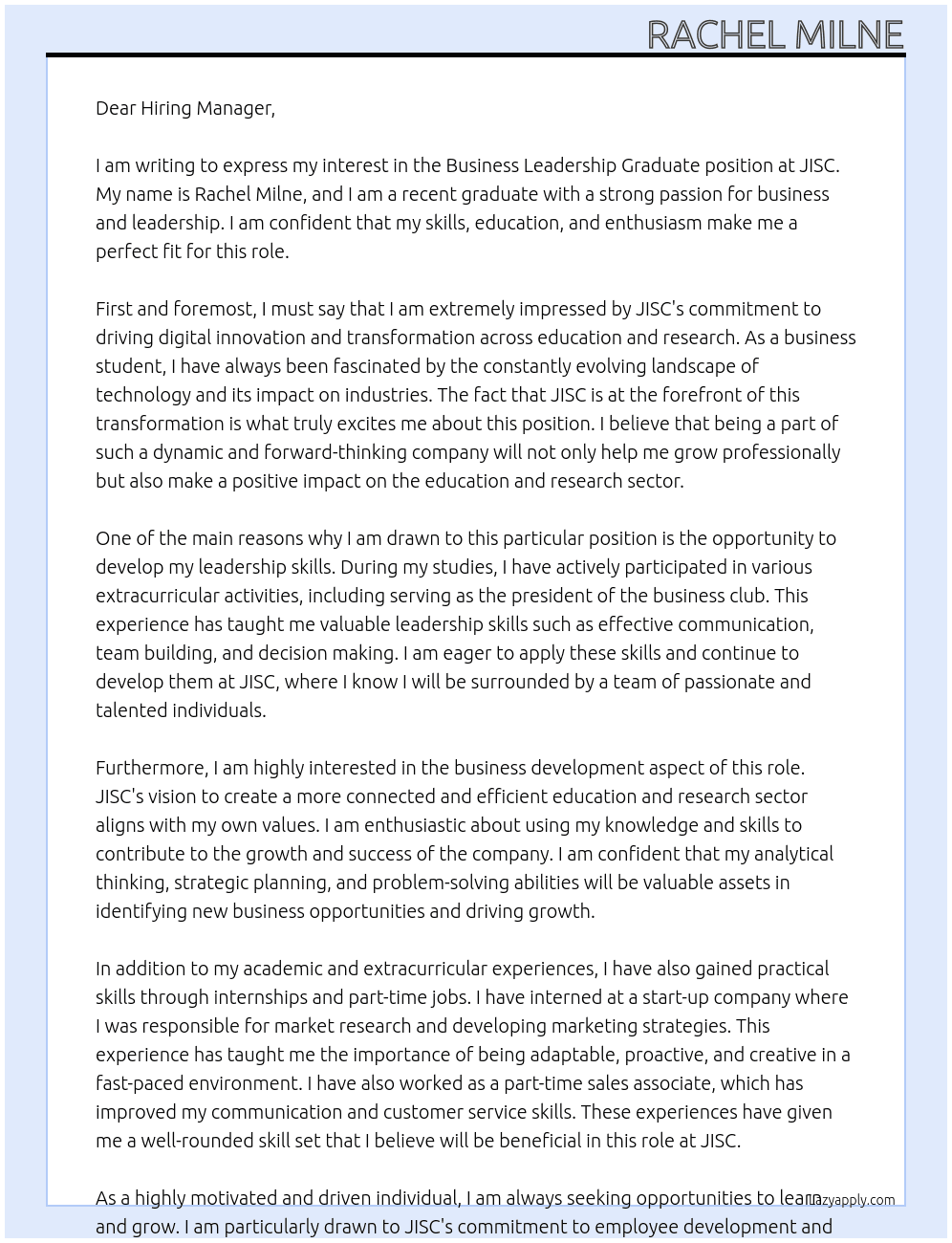 Business Leadership Graduate At JISC Cover Letter