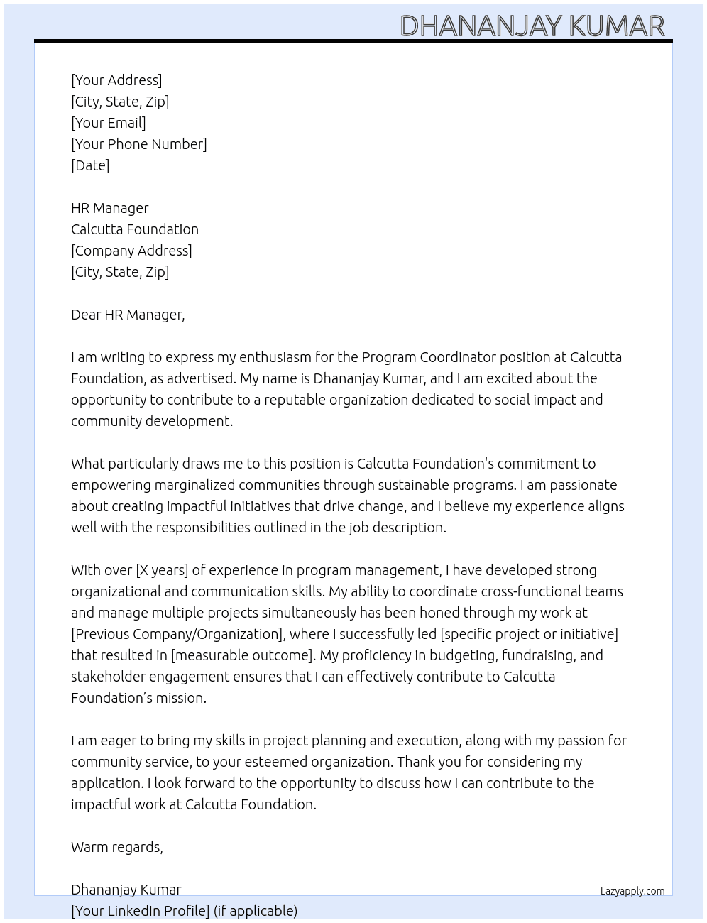 Program coordinator At Calcutta foundation Cover Letter