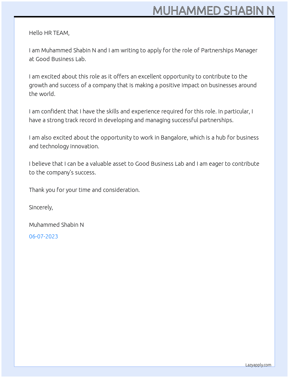 Partnerships Manager At Good Business Lab Cover Letter
