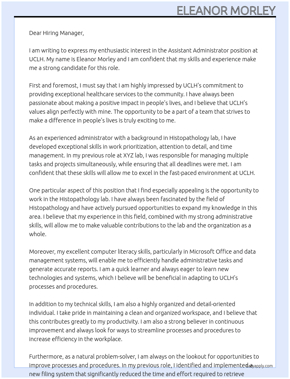 Assistant Administrator At UCLH Cover Letter