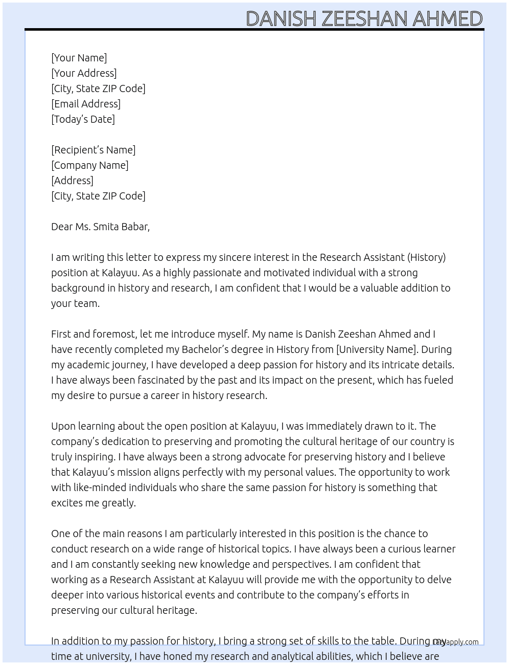 Research assistant (history) At Kalayuu Cover Letter