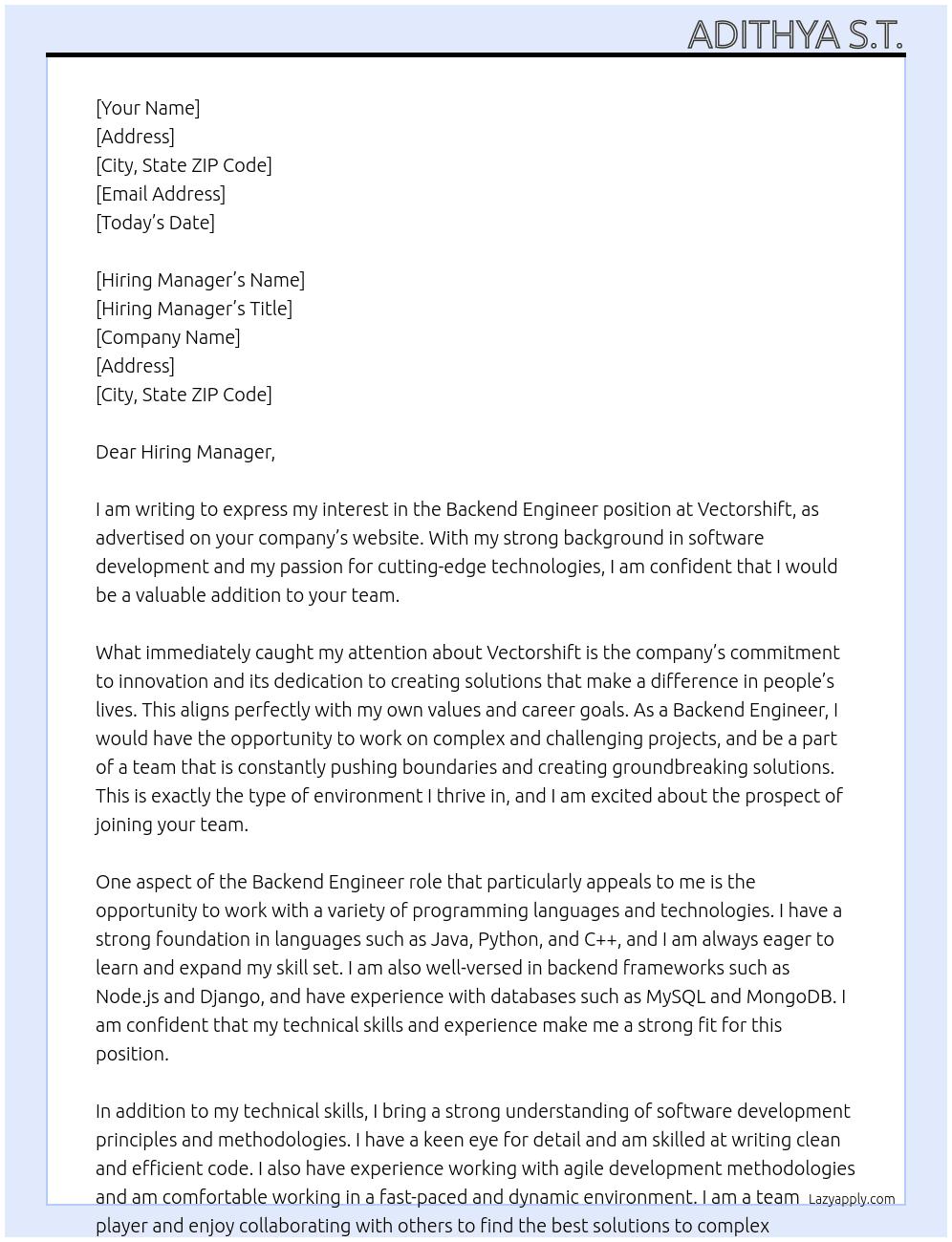 Backend Engineer  At Vectorshift  Cover Letter