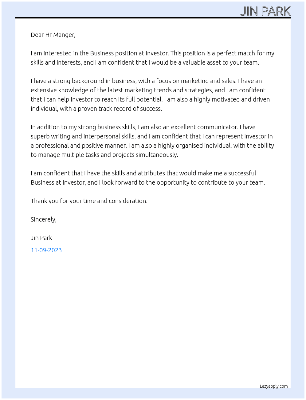 Business  At Investor Cover Letter