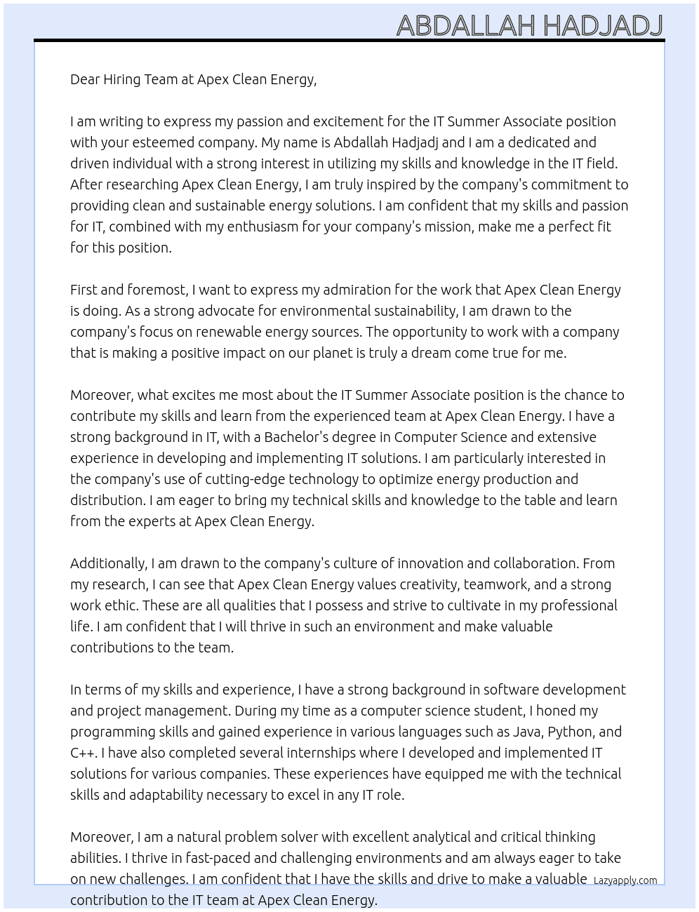 Cover letter for it summer associate - LazyApply