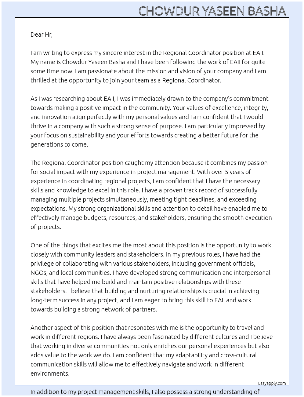 Regional Coordinator At EAII Cover Letter