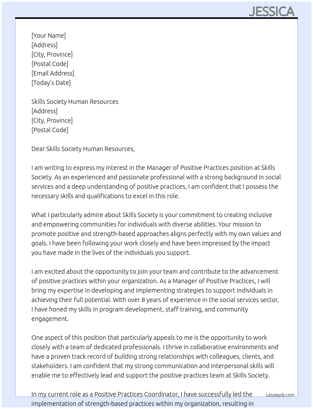 Manager of Positive Practices At Skills Society Cover Letter