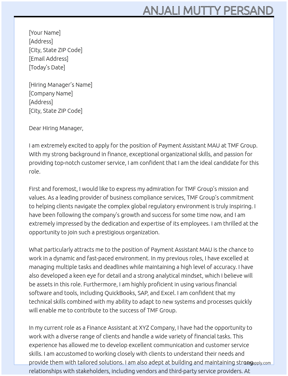 Payment Assistant MAU At TMF Group  Cover Letter