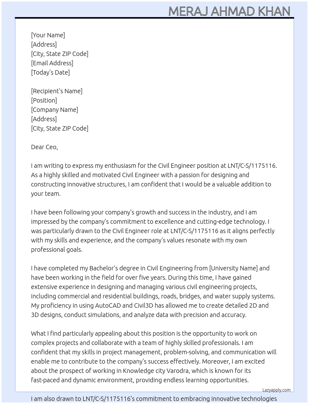 Civil Engineer  At LNT/C-S/1175116 Cover Letter
