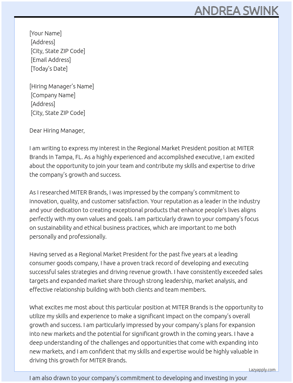 Regional Market President  At MITER Brands - Tampa, FL Cover Letter