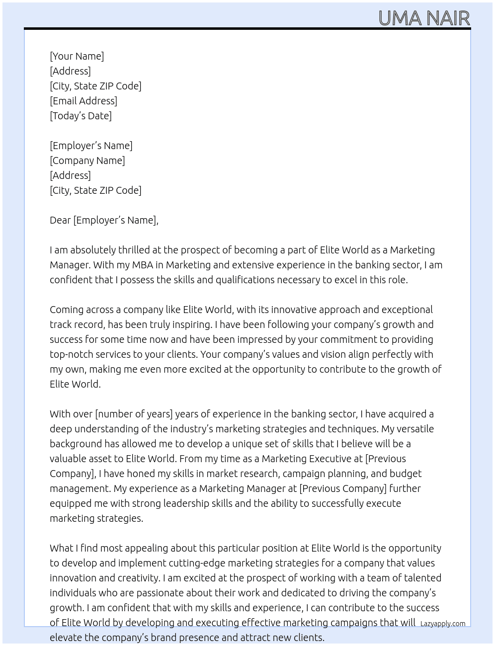Marketing Manager  At Elite World Cover Letter
