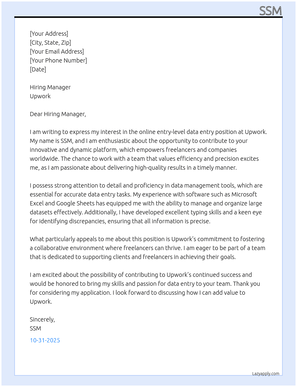 Cover letter for online entry level data entry - LazyApply
