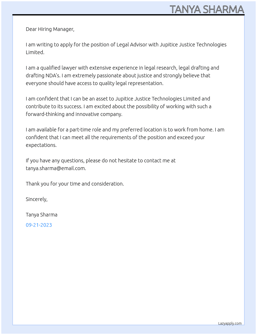 Legal Advisor At Jupitice Justice Technologies Limited  Cover Letter