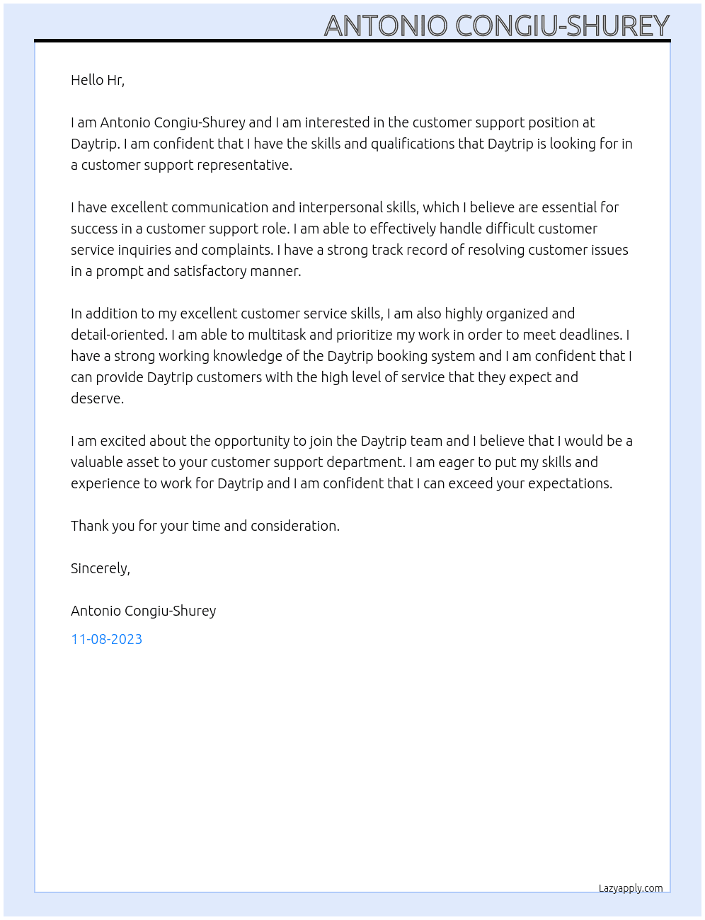 Customer support At Daytrip Cover Letter