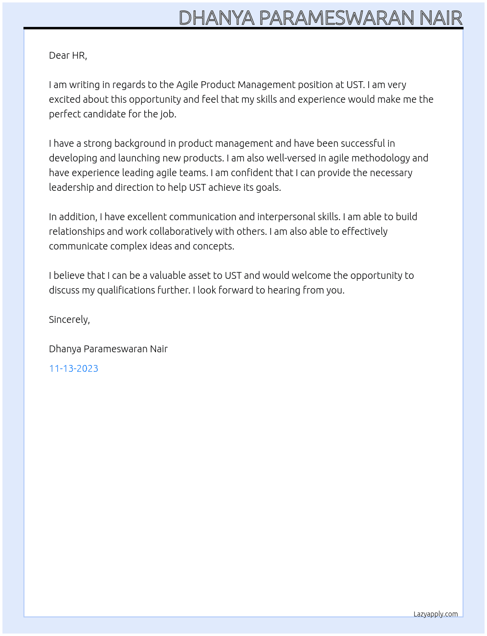 Agile Product Management At UST Cover Letter