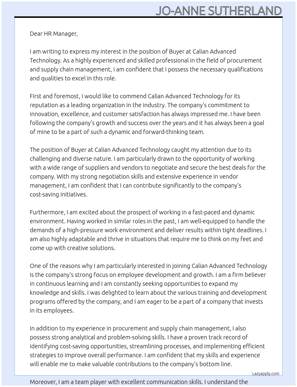 Buyer At Calian Advanced Technoloy Cover Letter