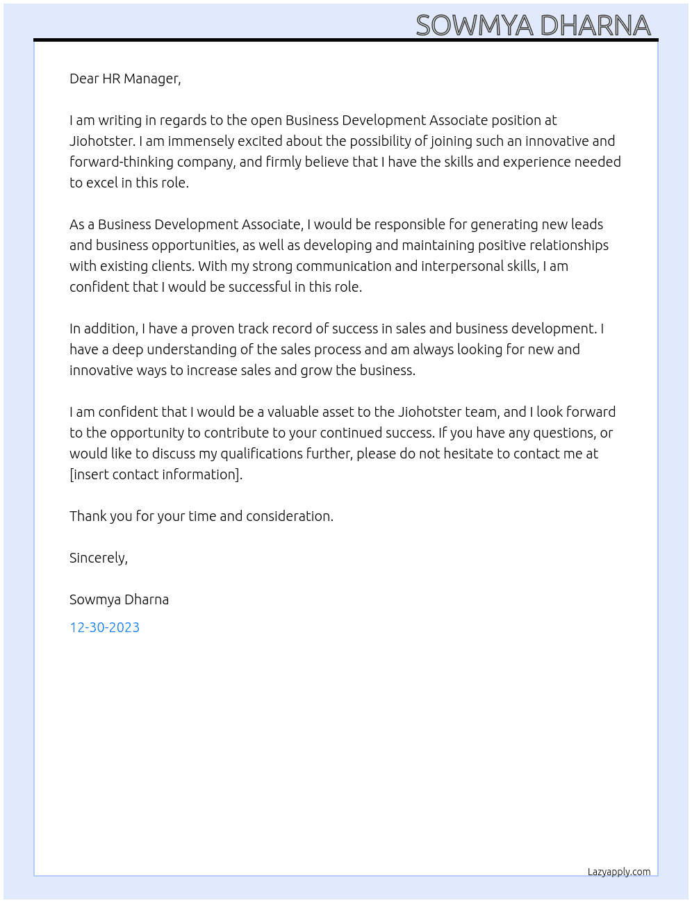 Business development associate  At Jiohotster Cover Letter