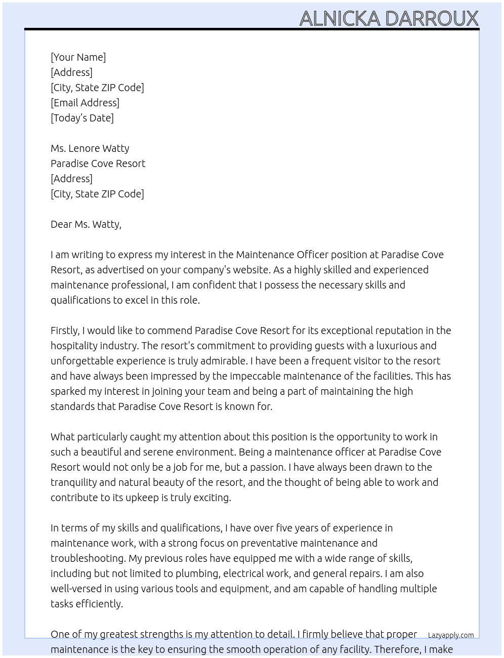Maintenance Officer At Paradise Cove Resort Cover Letter