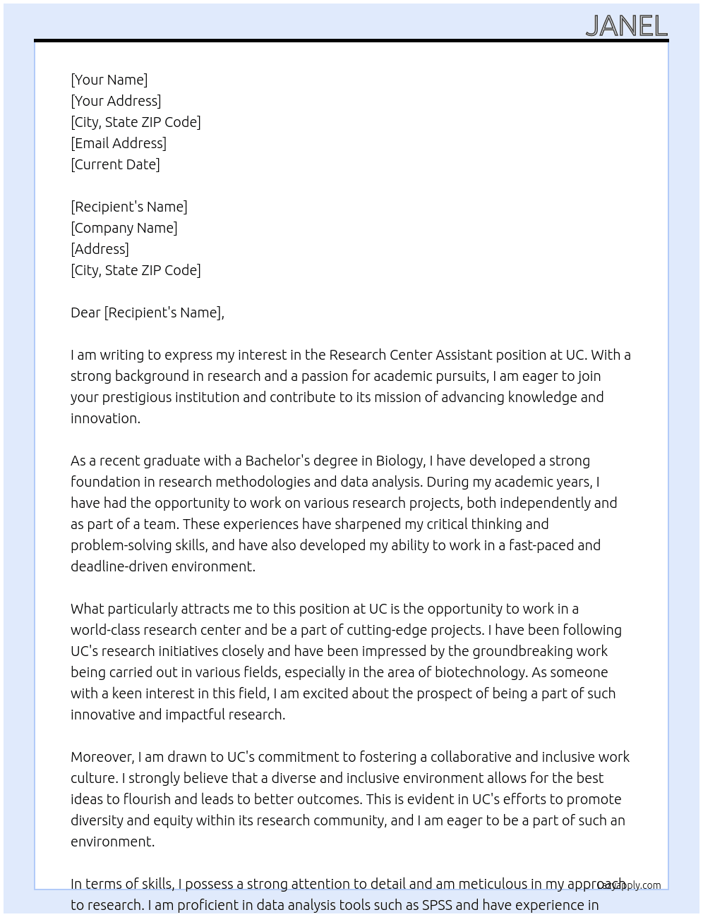 Research center assistant At Uc Cover Letter
