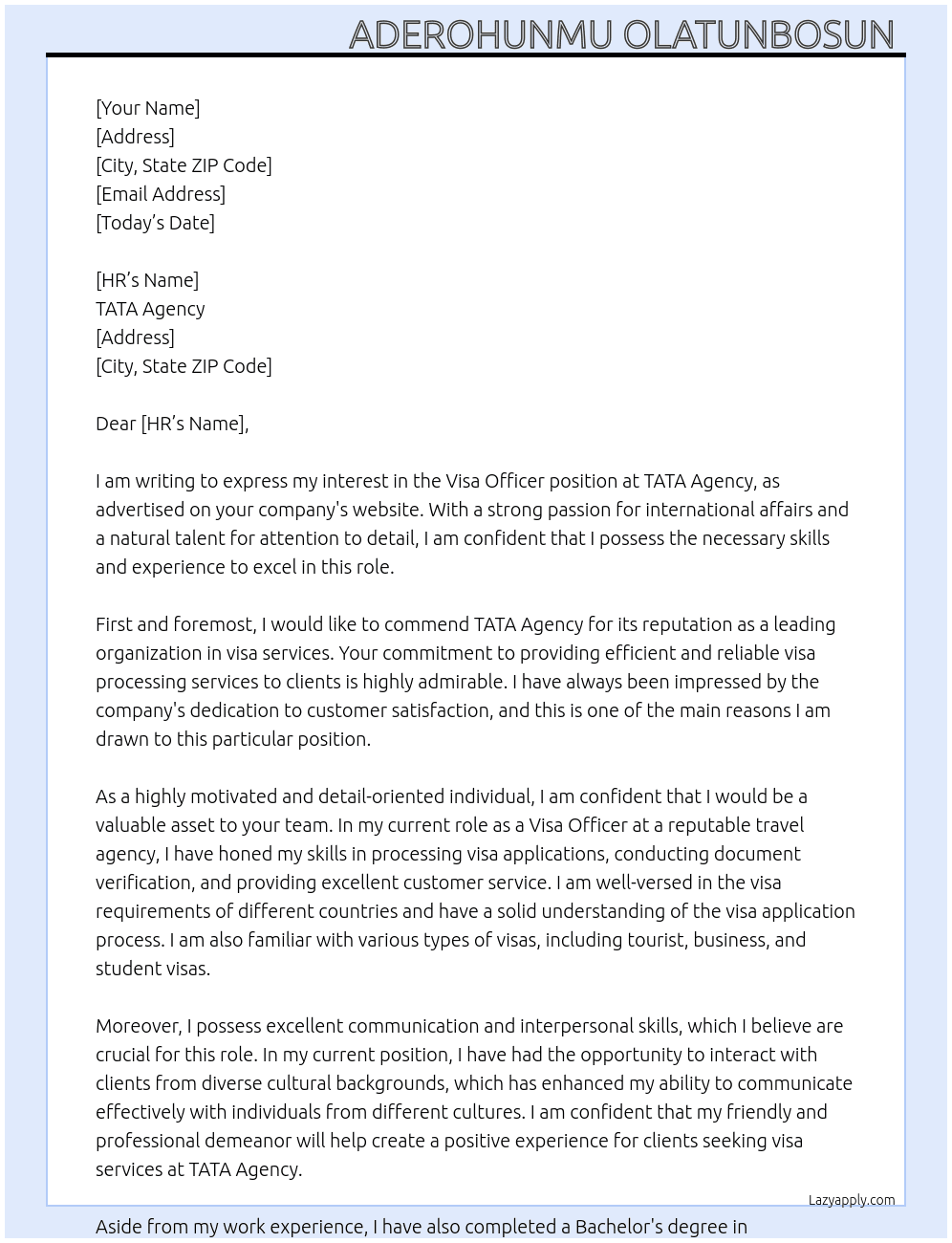 Visa officer  At TATA Agency Cover Letter