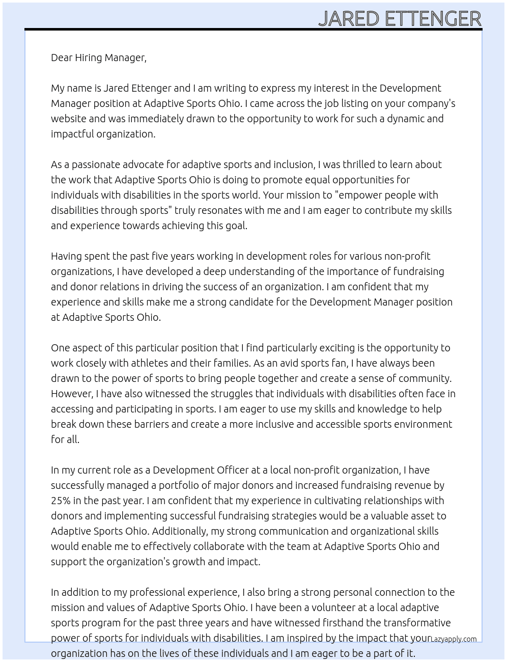 Development Manager At Adaptive Sports Ohio Cover Letter
