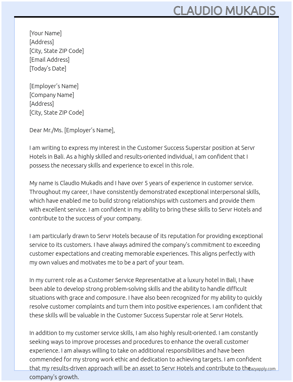 Customer Success Superstar  At Servr Hotels, Bali Cover Letter