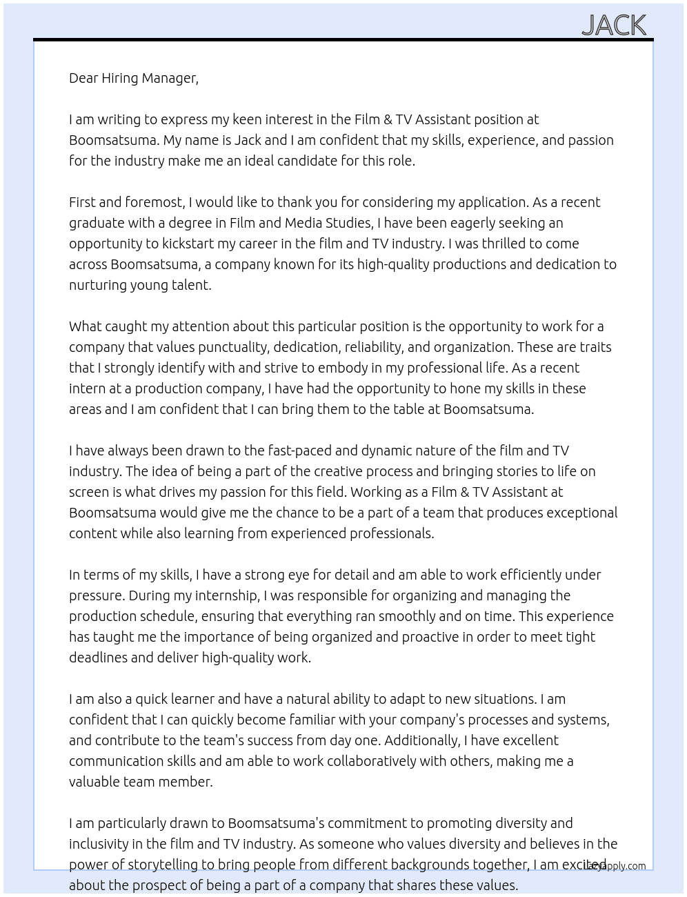 Film & Tv Assistant At Boomsatsuma Cover Letter