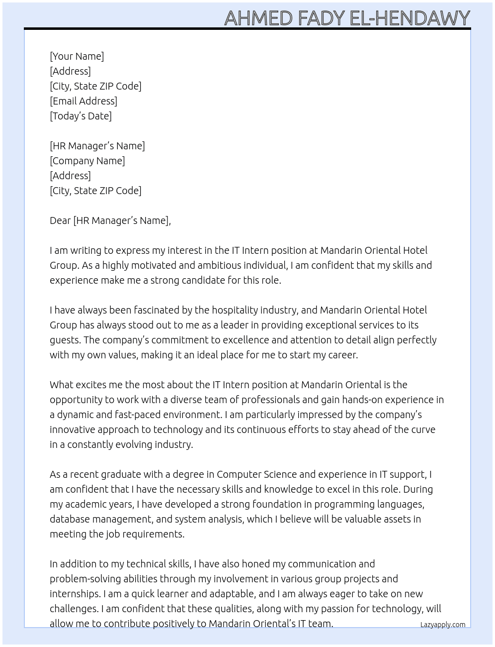 IT Intern At Mandarin Oriental Hotel Group  Cover Letter